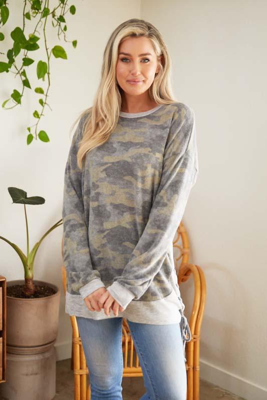 Camo Brown Long Sleeve Camo Sweater Knit Top