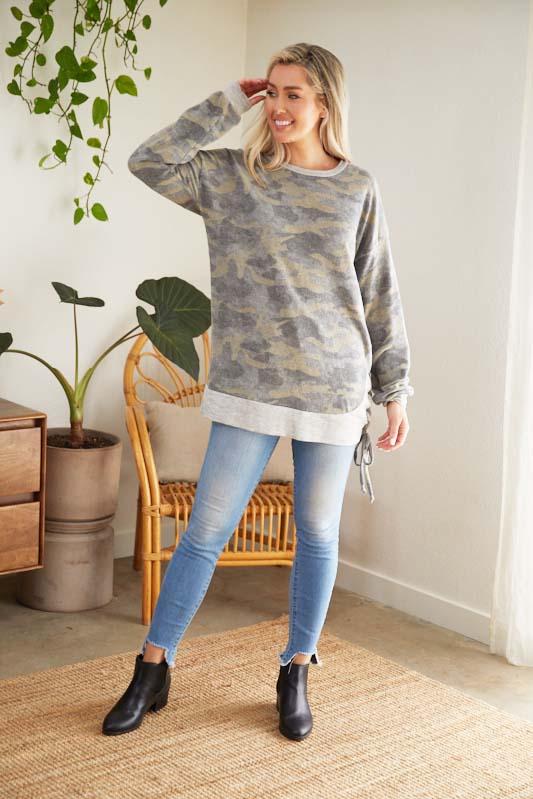 Camo Brown Long Sleeve Camo Sweater Knit Top